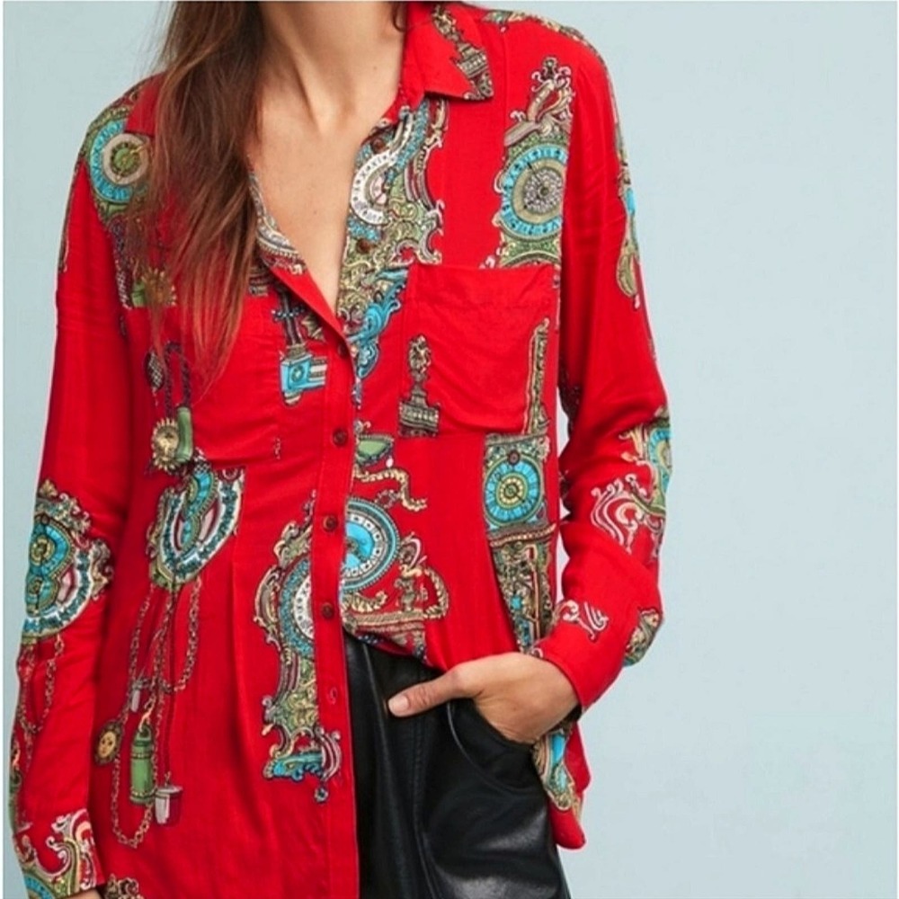 Anthropologie Maeve Red Clock Print Long Sleeve Button Down Shirt Size 2